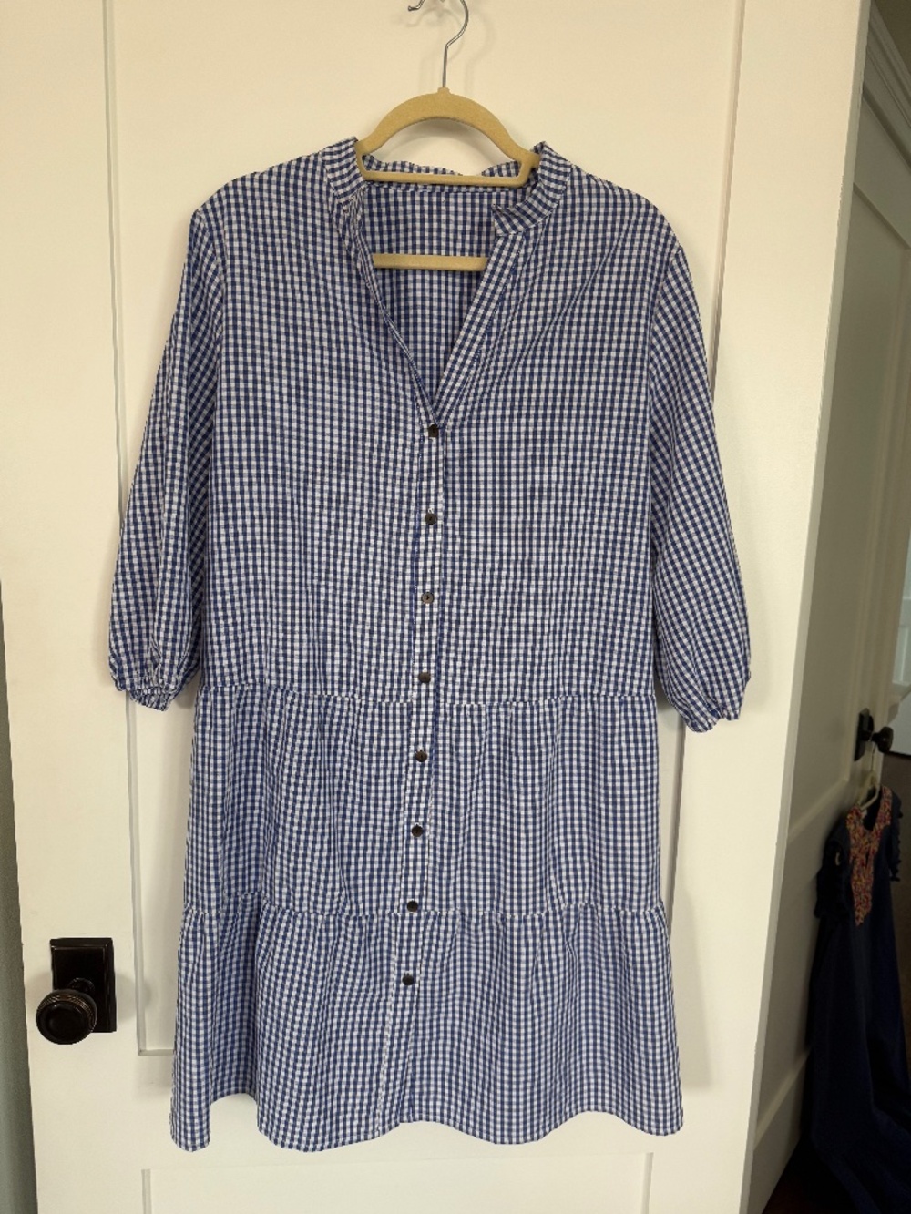 Blue & White Gingham Tiered Shirt Dress (Size L)
